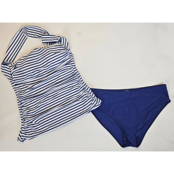 Womens Striped One-Shoulder Swimsuit With Bikini Bottoms 18W Navy/White Tempt Me - Picture 6 of 9